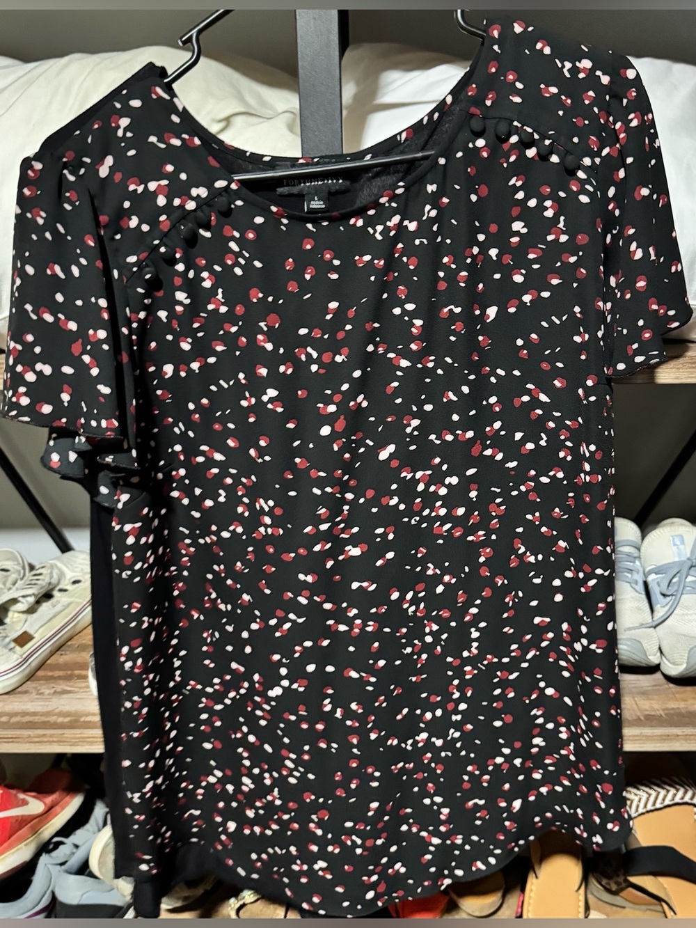 Short-Sleeve Black Blouse with Red and Pink Spot Print